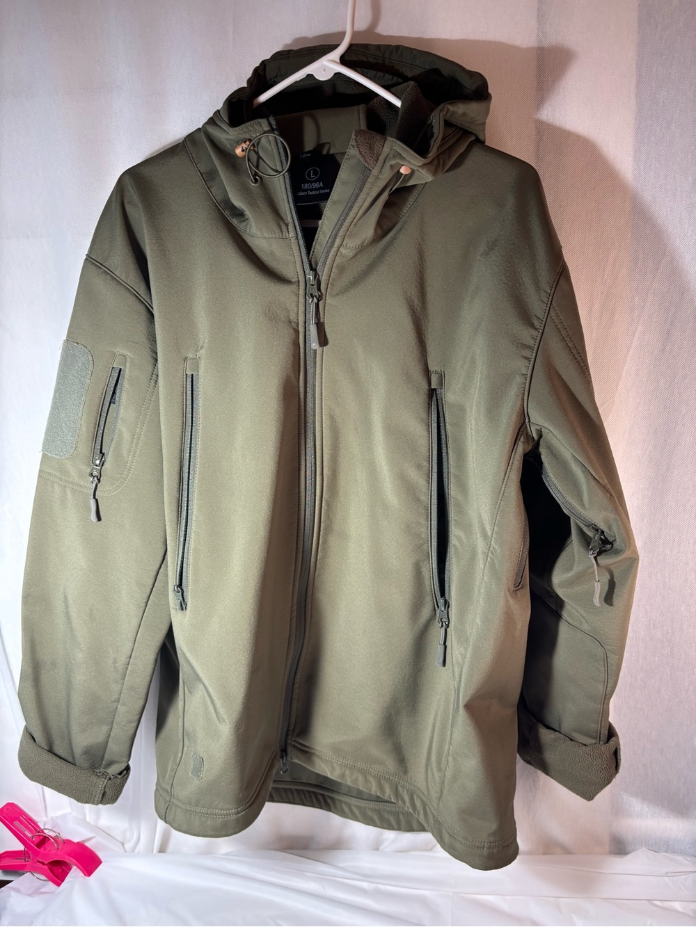 Olive Green Softshell Hooded Jacket Large multi pocketed